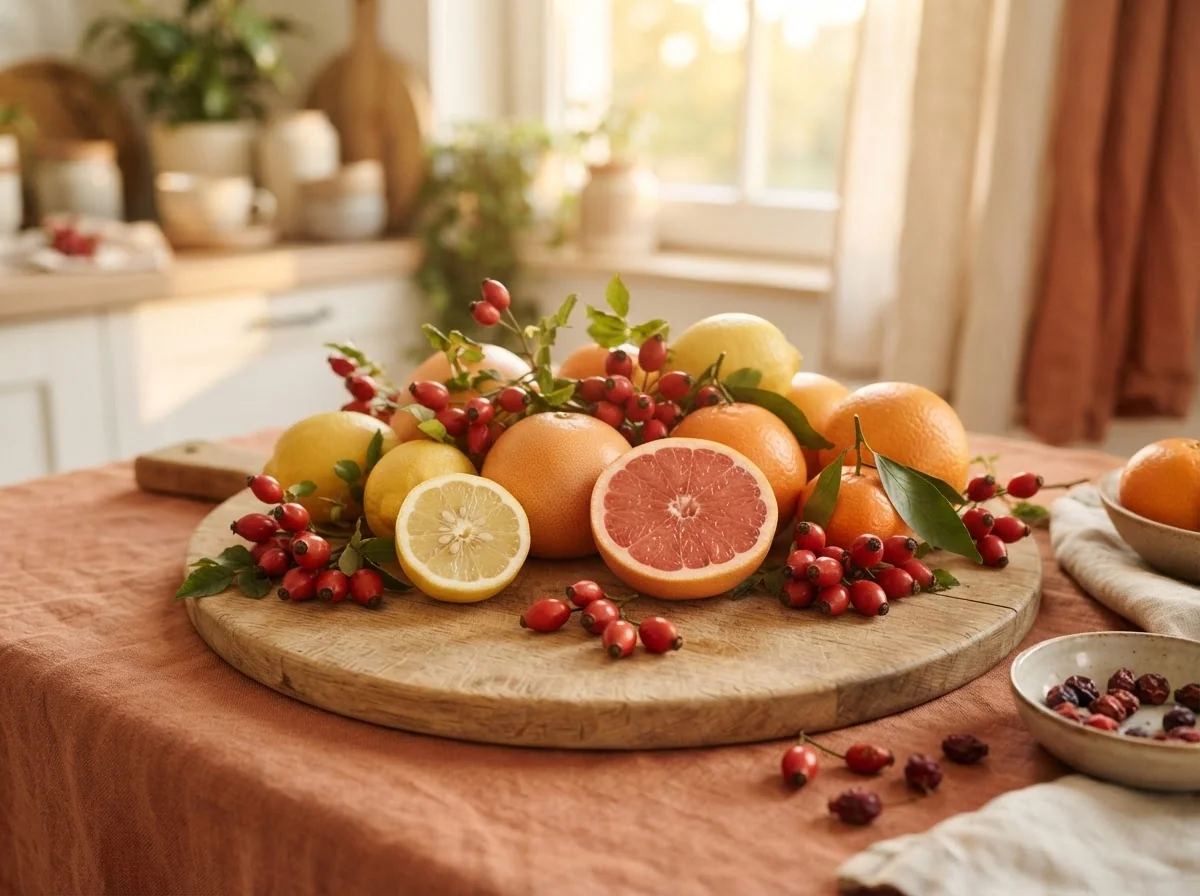 Fresh citrus fruits and rosehips rich in vitamin C